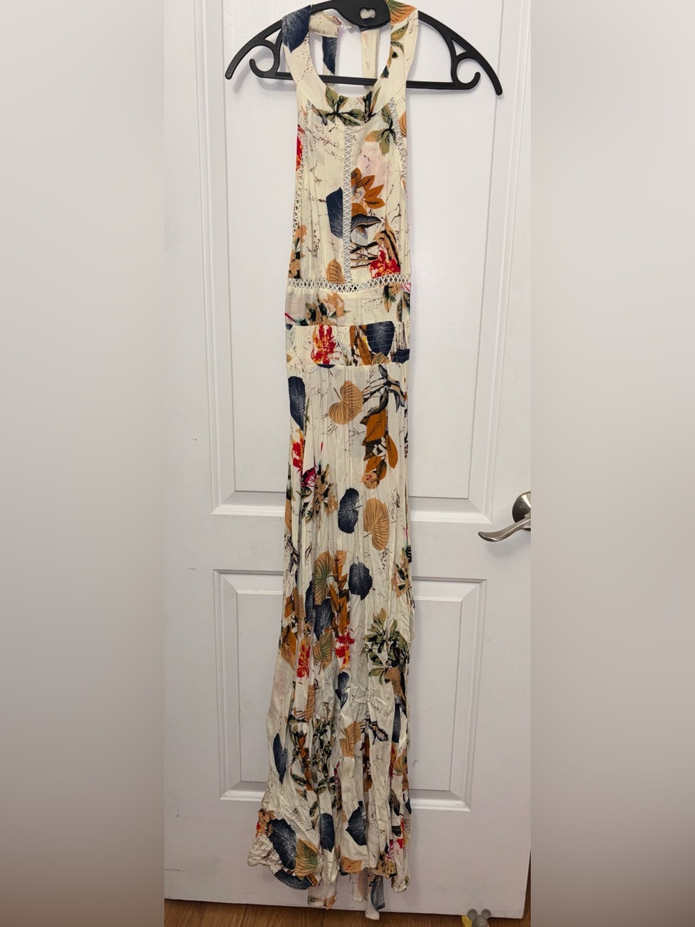 Fashion Nova Cream Floral Maxi Dress with Navy and Tan Leaves
